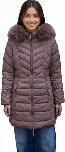 XULIKU Women Puffer Parka Coat with Faux Fur Collar Hooded, Winter Mid-Length Warm Quilted Jacket, Zipper Up Overcoat in Kuwait