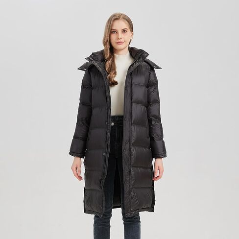 Women's Long Down Jacket Black Winter Puffer Down Coat with Detachable Hood in Saudi Arabia