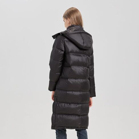 Women's Long Down Jacket Black Winter Puffer Down Coat with Detachable Hood in Saudi Arabia