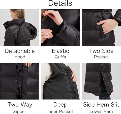 Women's Long Down Jacket Black Winter Puffer Down Coat with Detachable Hood in Saudi Arabia