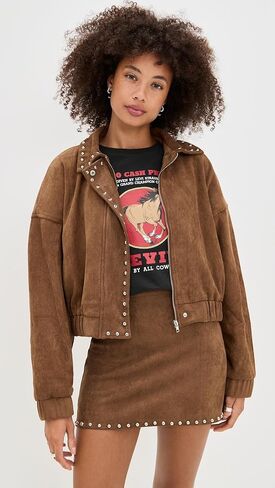 MOON RIVER Women's Stud Detail Zipper Front Faux Suede Jacket in Saudi Arabia
