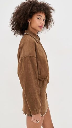 MOON RIVER Women's Stud Detail Zipper Front Faux Suede Jacket in Saudi Arabia