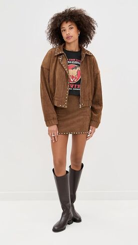 MOON RIVER Women's Stud Detail Zipper Front Faux Suede Jacket in Saudi Arabia