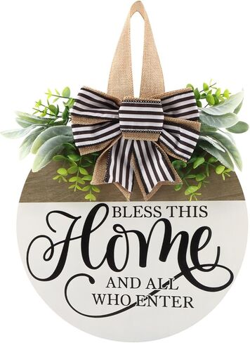 Welcome Sign for Front Door, Round Wood Hanging Sign Rustic Welcome Wreaths Porch Sig-n Door Decorations Housewarming Gift for Farmhouse Fence(Color:Wood, White, Brown, Green) in Kuwait