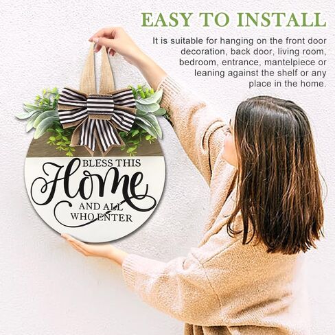 Welcome Sign for Front Door, Round Wood Hanging Sign Rustic Welcome Wreaths Porch Sig-n Door Decorations Housewarming Gift for Farmhouse Fence(Color:Wood, White, Brown, Green) in Kuwait