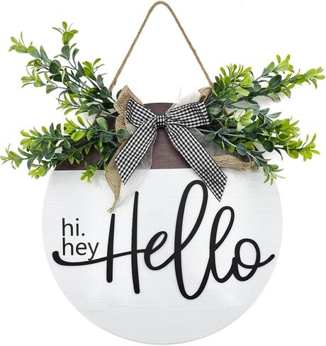 Round Wood Hello Sign for Front Door,Rustic Hanging Wood Wreaths Sign,Farmhouse Porch Fence Hello Wreaths Decorations.(12inch) in Saudi Arabia