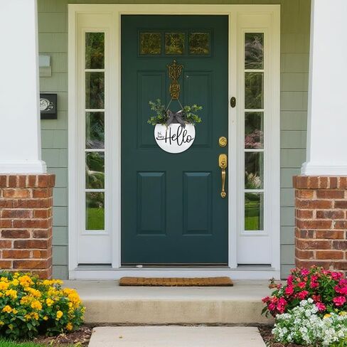 Round Wood Hello Sign for Front Door,Rustic Hanging Wood Wreaths Sign,Farmhouse Porch Fence Hello Wreaths Decorations.(12inch) in Saudi Arabia