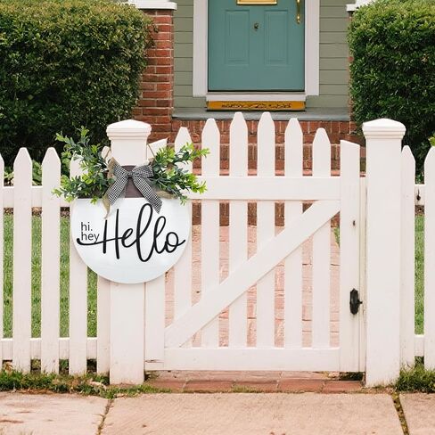 Round Wood Hello Sign for Front Door,Rustic Hanging Wood Wreaths Sign,Farmhouse Porch Fence Hello Wreaths Decorations.(12inch) in Saudi Arabia