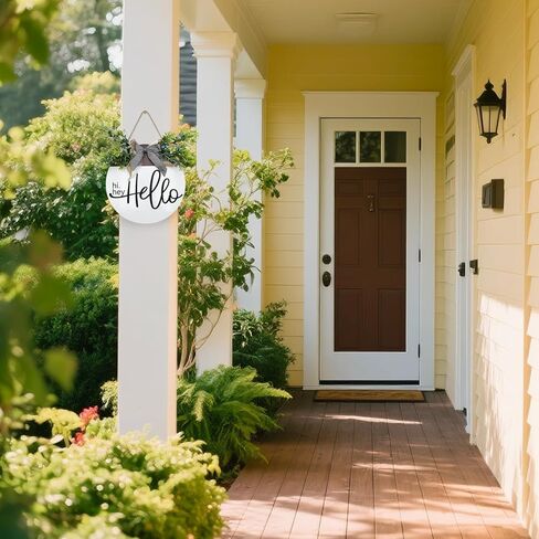 Round Wood Hello Sign for Front Door,Rustic Hanging Wood Wreaths Sign,Farmhouse Porch Fence Hello Wreaths Decorations.(12inch) in Saudi Arabia