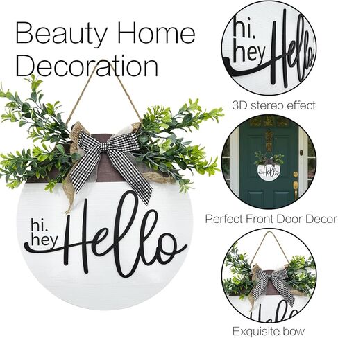Round Wood Hello Sign for Front Door,Rustic Hanging Wood Wreaths Sign,Farmhouse Porch Fence Hello Wreaths Decorations.(12inch) in Saudi Arabia