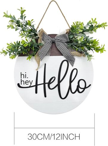 Round Wood Hello Sign for Front Door,Rustic Hanging Wood Wreaths Sign,Farmhouse Porch Fence Hello Wreaths Decorations.(12inch) in Saudi Arabia