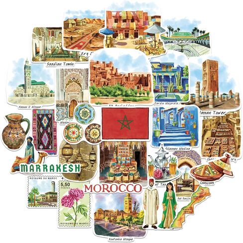 Navy Peony Mysterious Morocco Travel Stickers (28pcs)-Die-Cut, Watercolor, Exotic Moroccan-Themed Vacation Decals for Scrapbooks, Journals, Tumblers in Saudi Arabia