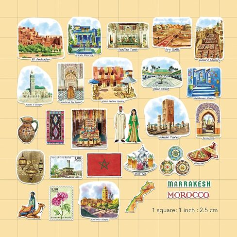 Navy Peony Mysterious Morocco Travel Stickers (28pcs)-Die-Cut, Watercolor, Exotic Moroccan-Themed Vacation Decals for Scrapbooks, Journals, Tumblers in Saudi Arabia