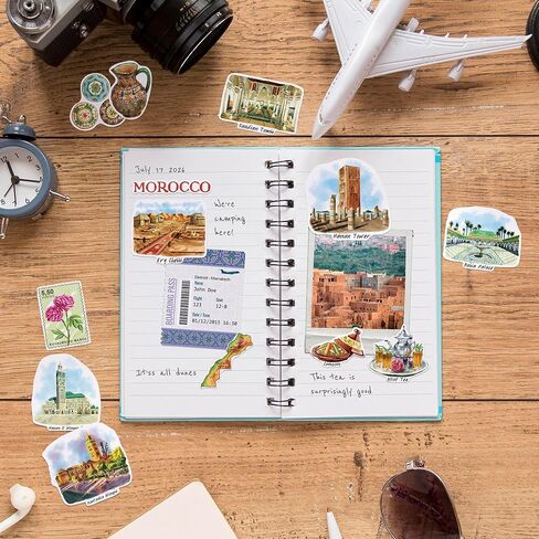 Navy Peony Mysterious Morocco Travel Stickers (28pcs)-Die-Cut, Watercolor, Exotic Moroccan-Themed Vacation Decals for Scrapbooks, Journals, Tumblers in Saudi Arabia
