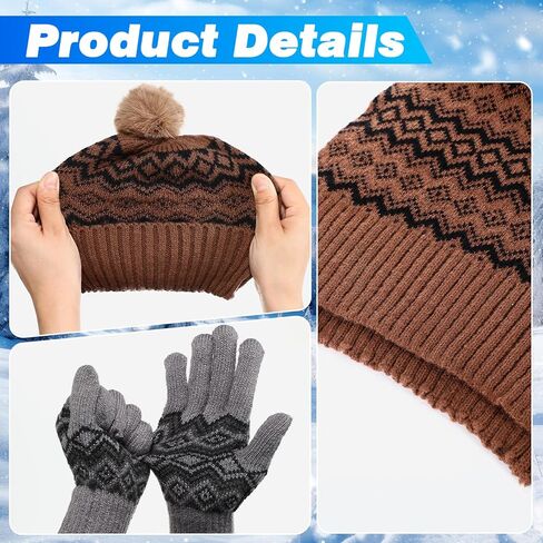 12 Pcs Winter Beanie Hat Scarf Gloves Set for Men Women Winter Warmer Gift Poms Knit Beanie Long Scarf Gloves in Saudi Arabia