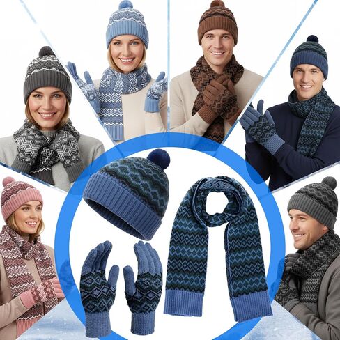 12 Pcs Winter Beanie Hat Scarf Gloves Set for Men Women Winter Warmer Gift Poms Knit Beanie Long Scarf Gloves in Saudi Arabia