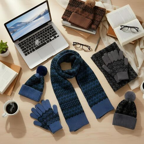 12 Pcs Winter Beanie Hat Scarf Gloves Set for Men Women Winter Warmer Gift Poms Knit Beanie Long Scarf Gloves in Saudi Arabia