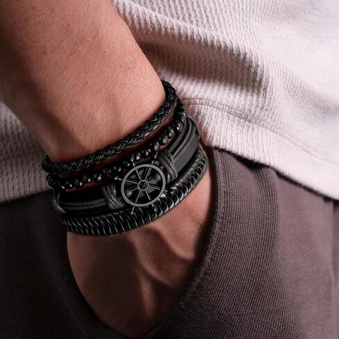 Black Tree of Life Leather Bracelet for Women Men Handmade Braided Viking Bracelet Beaded Stretch Bracelets Adjustable Bracelets for Women Bracelets for Men Halloween, Christmas, Birthday Gifts in Saudi Arabia