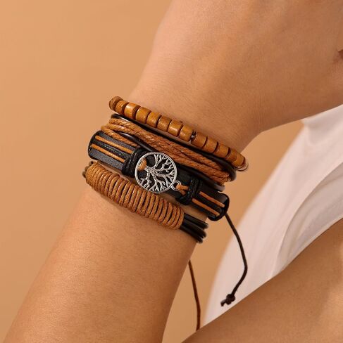 Black Tree of Life Leather Bracelet for Women Men Handmade Braided Viking Bracelet Beaded Stretch Bracelets Adjustable Bracelets for Women Bracelets for Men Halloween, Christmas, Birthday Gifts in Saudi Arabia