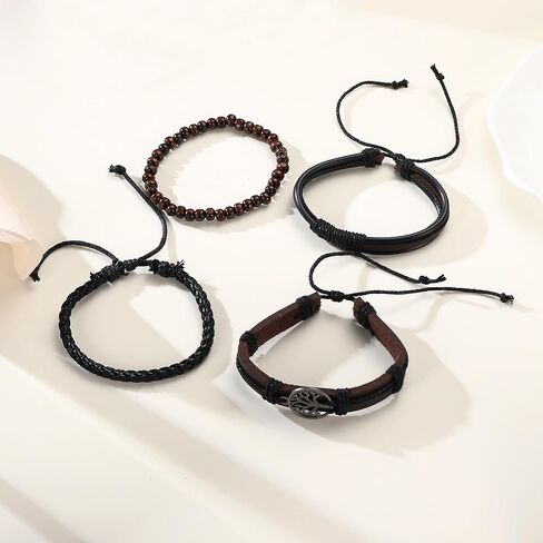 Black Tree of Life Leather Bracelet for Women Men Handmade Braided Viking Bracelet Beaded Stretch Bracelets Adjustable Bracelets for Women Bracelets for Men Halloween, Christmas, Birthday Gifts in Saudi Arabia