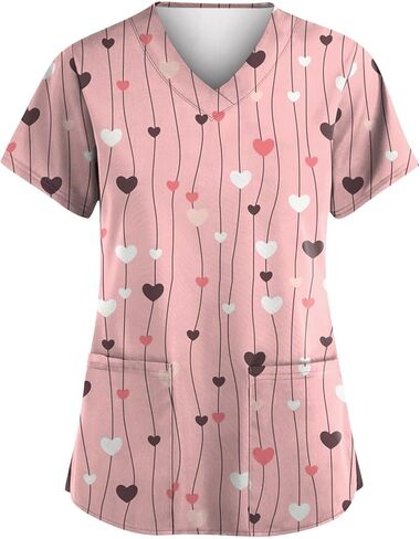 Valentines Tops for Women Heart Printed Stretchy Scrubs V Neck Short Sleeve Nursing Working Uniform with Pocket in Saudi Arabia