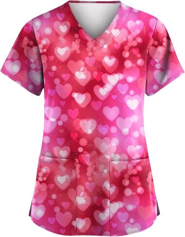 Valentines Tops for Women Heart Printed Stretchy Scrubs V Neck Short Sleeve Nursing Working Uniform with Pocket in Saudi Arabia