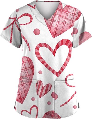 Valentines Tops for Women Heart Printed Stretchy Scrubs V Neck Short Sleeve Nursing Working Uniform with Pocket in Saudi Arabia