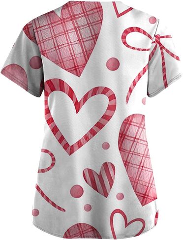 Valentines Tops for Women Heart Printed Stretchy Scrubs V Neck Short Sleeve Nursing Working Uniform with Pocket in Saudi Arabia