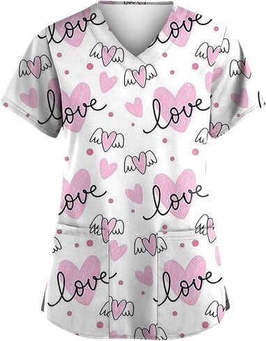 Valentines Tops for Women Heart Printed Stretchy Scrubs V Neck Short Sleeve Nursing Working Uniform with Pocket in Saudi Arabia