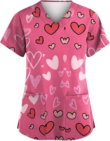 Valentines Tops for Women Heart Printed Stretchy Scrubs V Neck Short Sleeve Nursing Working Uniform with Pocket in Saudi Arabia