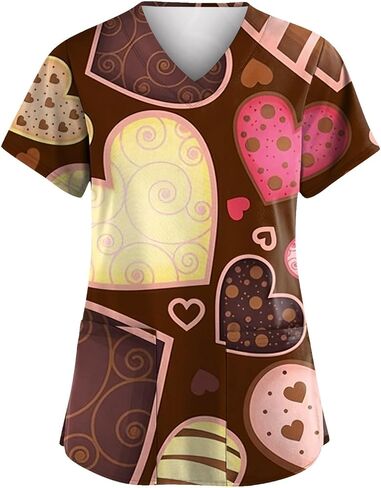 Valentines Tops for Women Heart Printed Stretchy Scrubs V Neck Short Sleeve Nursing Working Uniform with Pocket in Saudi Arabia