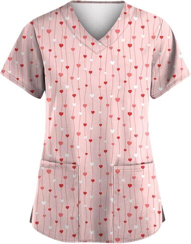 Valentines Tops for Women Heart Printed Stretchy Scrubs V Neck Short Sleeve Nursing Working Uniform with Pocket in Saudi Arabia