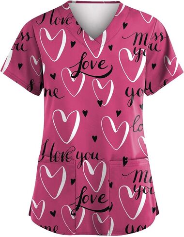 Valentines Tops for Women Heart Printed Stretchy Scrubs V Neck Short Sleeve Nursing Working Uniform with Pocket in Saudi Arabia