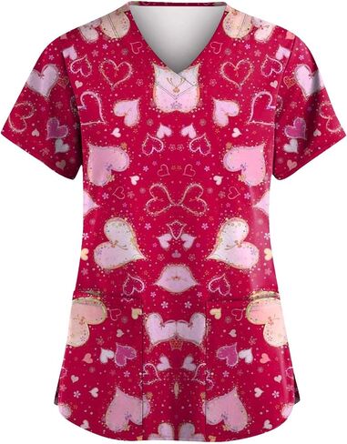 Valentines Tops for Women Heart Printed Stretchy Scrubs V Neck Short Sleeve Nursing Working Uniform with Pocket in Saudi Arabia