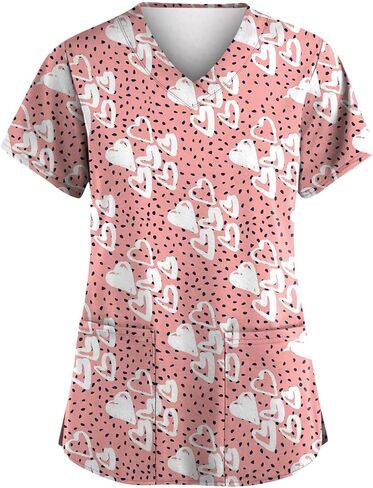 Valentines Tops for Women Heart Printed Stretchy Scrubs V Neck Short Sleeve Nursing Working Uniform with Pocket in Saudi Arabia