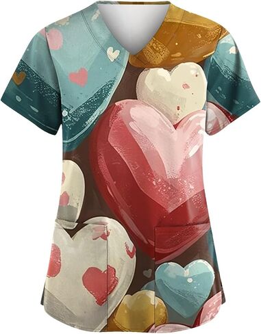 Valentines Tops for Women Heart Printed Stretchy Scrubs V Neck Short Sleeve Nursing Working Uniform with Pocket in Saudi Arabia