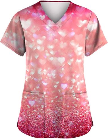 Valentines Tops for Women Heart Printed Stretchy Scrubs V Neck Short Sleeve Nursing Working Uniform with Pocket in Saudi Arabia