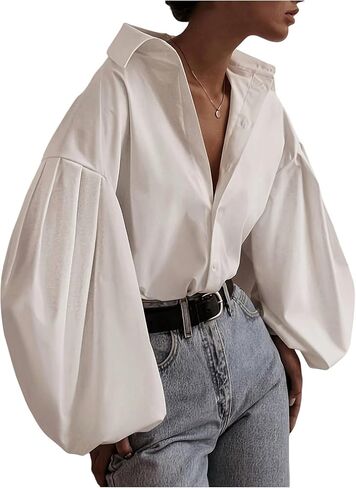 SweatyRocks Women's Button Down Shirts Long Bishop Wide Sleeve Drop Shoulder Office Blouses in Saudi Arabia