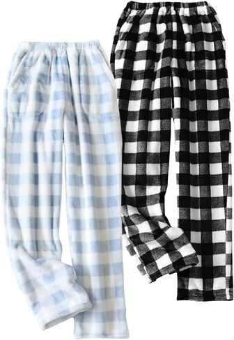 Wyeysyt 2 Pack Womens Plaid Fluffy Pajama Pants Fuzzy Fleece Lounge Pants Elastic Waist Wide Leg Pants with Pocket Pj Bottoms in Saudi Arabia