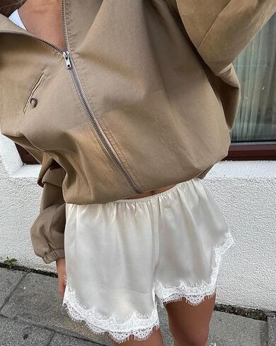 Seyumixi Women Satin Lace Shorts Silk Slip Mini Shorts Low Rise Coquette Elastic Waist Lace Trim Pettipants Lounge Bottoms in Saudi Arabia