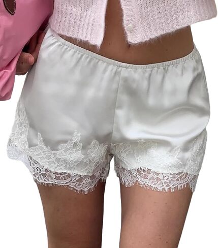 Seyumixi Women Satin Lace Shorts Silk Slip Mini Shorts Low Rise Coquette Elastic Waist Lace Trim Pettipants Lounge Bottoms in Saudi Arabia