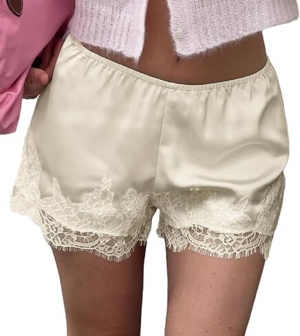 Seyumixi Women Satin Lace Shorts Silk Slip Mini Shorts Low Rise Coquette Elastic Waist Lace Trim Pettipants Lounge Bottoms in Saudi Arabia