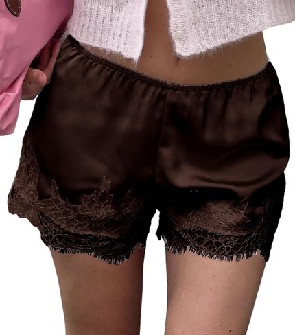 Seyumixi Women Satin Lace Shorts Silk Slip Mini Shorts Low Rise Coquette Elastic Waist Lace Trim Pettipants Lounge Bottoms in Saudi Arabia