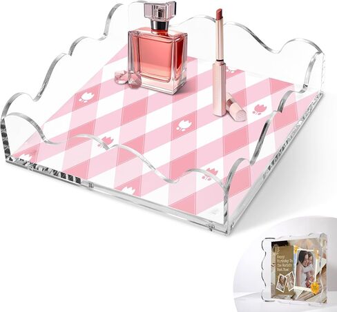 Acrylic Scalloped Tray with Magnetic Mat for Display- 8x8 Inch Customizable Personalized Organizer for Photos, Art and Messages, Clear Serving Tray for Bathroom Vanity, Home, Office Desk Decor in Saudi Arabia