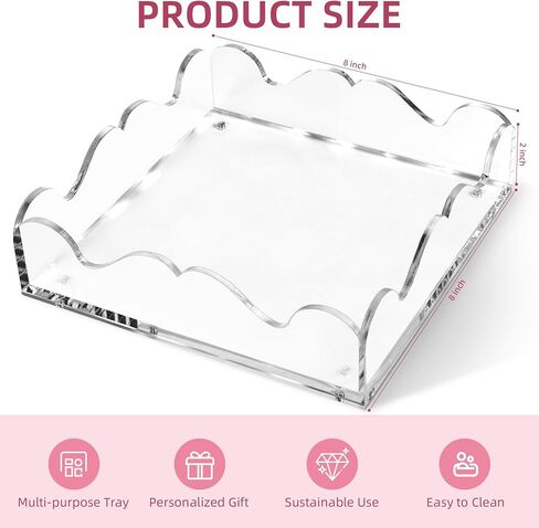 Acrylic Scalloped Tray with Magnetic Mat for Display- 8x8 Inch Customizable Personalized Organizer for Photos, Art and Messages, Clear Serving Tray for Bathroom Vanity, Home, Office Desk Decor in Saudi Arabia