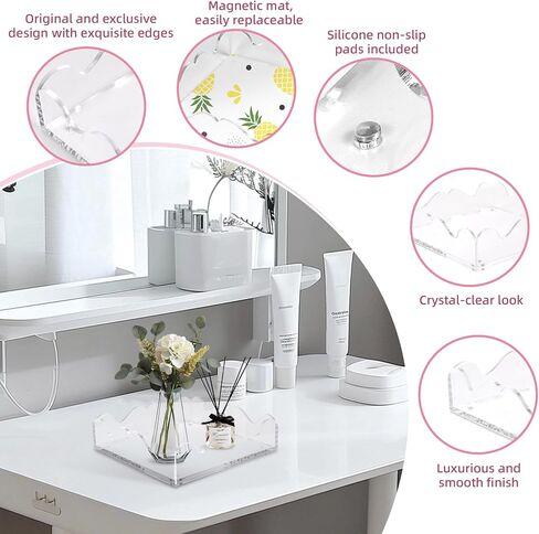 Acrylic Scalloped Tray with Magnetic Mat for Display- 8x8 Inch Customizable Personalized Organizer for Photos, Art and Messages, Clear Serving Tray for Bathroom Vanity, Home, Office Desk Decor in Saudi Arabia