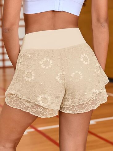 Fisoew Flowy Shorts for Women High Waisted Workout Shorts Lace Athletic Tennis Gym Yoga 2 in 1 Short with Pockets in Saudi Arabia