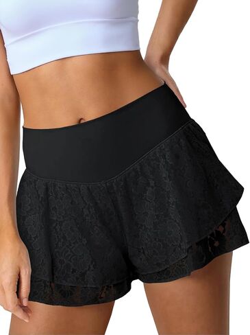 Fisoew Flowy Shorts for Women High Waisted Workout Shorts Lace Athletic Tennis Gym Yoga 2 in 1 Short with Pockets in Saudi Arabia