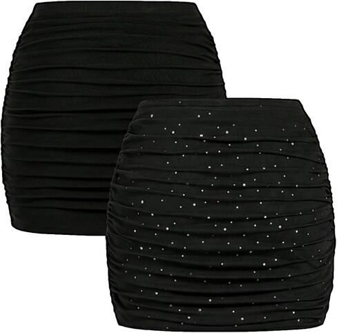 Women's 2 Piece Rhinestone Sparkly Mini Skirts Rave Party Ruched Mesh Bodycon Skirt in Saudi Arabia