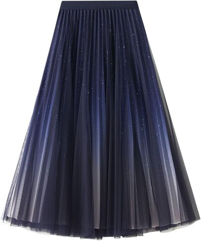 Womens Sequin Tulle Skirts Pleated A-line Mesh Skirt Elastic High Waist Midi Tulle Skirts Swing Gradient Skirt 2025 in Saudi Arabia